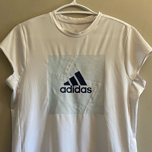 Adidas White & Blue Cap Sleeve Athletic Tee – Size Medium Junior GUC *Flaw - Picture 2 of 7